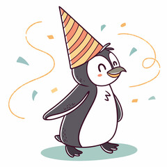 A cheerful penguin wearing a party hat, surrounded by confetti, perfect for adding a touch of fun and whimsy to your designs. This adorable illustration is ideal for birthday cards, invitations.
