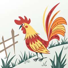 A colorful illustration of a rooster with a bright red comb and a long, flowing tail, set against a simple background of grass and a wooden fence.