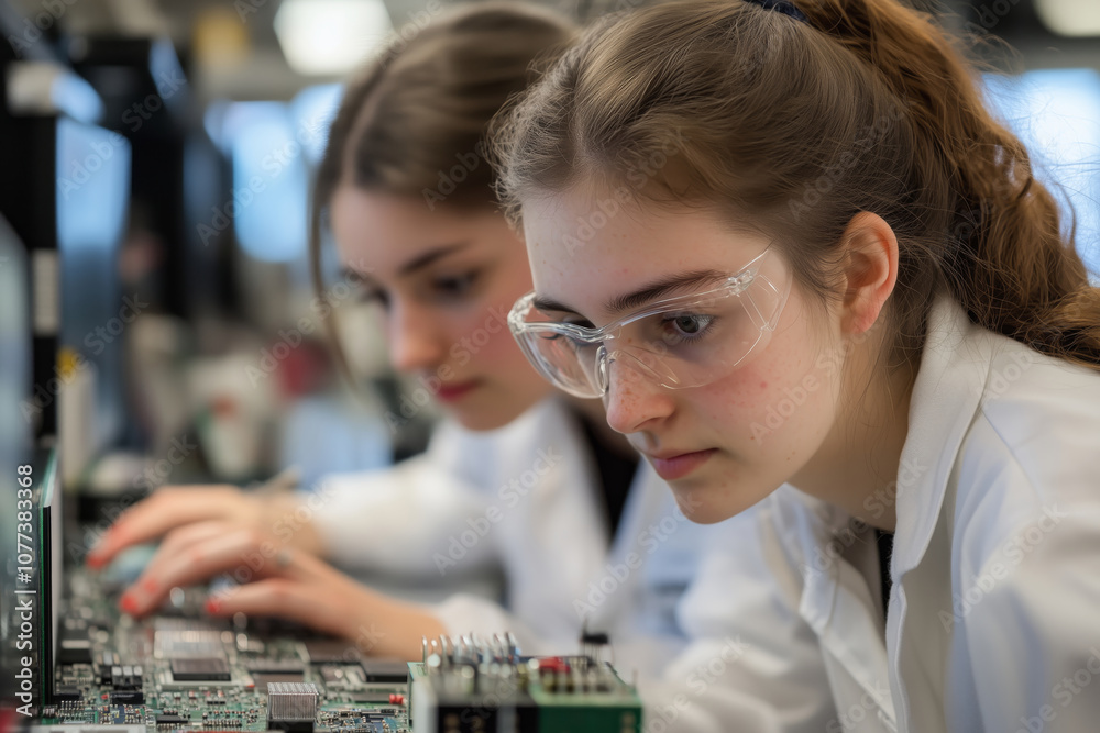 Aufkleber Two female engineers collaborating on computer circuitry in a modern lab