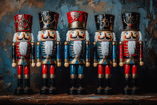 Pantins en bois peint align&eacute;s