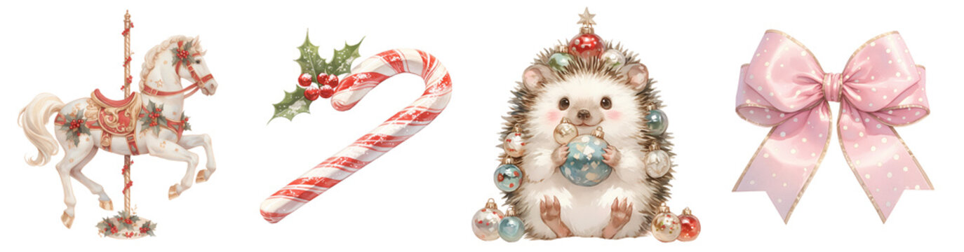 Set of watercolor illustrations with carousel horse, candy cane, hedgehog with baubles and pink bow. Isolated on transparent background. Xmas and winter holiday concept. Clipart for greeting card, sti