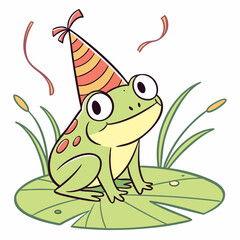 Obraz premium A cheerful cartoon frog wearing a party hat sits on a lily pad, surrounded by celebratory confetti. This whimsical illustration is perfect for birthday cards, invitations, and other festive designs.
