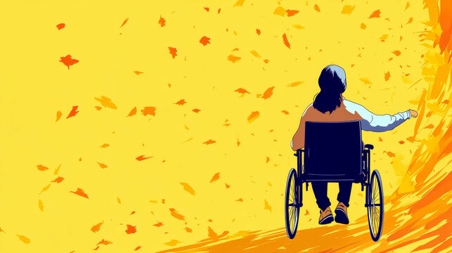 World multiple sclerosis day. Horizontal banner. Copy space. Woman in a wheelchair on a yellow background. The problem of chronic autoimmune diseases. Inclusion of disabled people in society