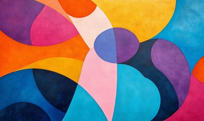 Fototapeta premium Abstract geometric background with overlapping and interlocking shapes in vibrant colors including orange, blue, pink, and purple.