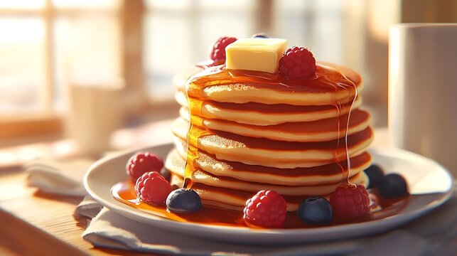 Cozy breakfast nook with a stack of pancakes topped with syrup butter and fresh berries promoting breakfast ideas comfort food and morning routines