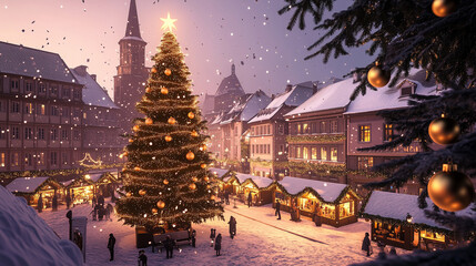 Christmas market at night with a towering tree and festive crowd
