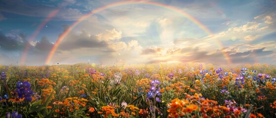 A breathtaking view showcases a field teeming with colorful wildflowers beneath a perfectly circular rainbow. The sunlight enhances the beauty of nature during a serene day