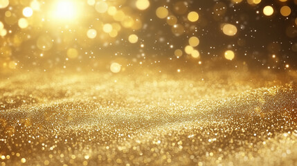 Abstract gold glitter texture and soft bokeh, background with golden glowing sparkles for New Year or Christmas Eve postcard with copy space for text, Shimmering gold background