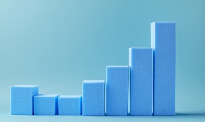 Abstract composition featuring several blue foam blocks stacked at varying heights, arranged against a matching blue background, resembling a bar chart.