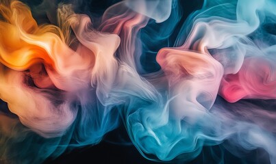 Obraz premium Abstract image of colorful swirling smoke-like shapes on a dark background, featuring flowing organic forms in hues of blue, pink, and orange
