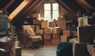 Fototapeta premium An attic filled with numerous stacked cardboard boxes and unpacked items, including a chair and various household goods, suggesting storage and clutter