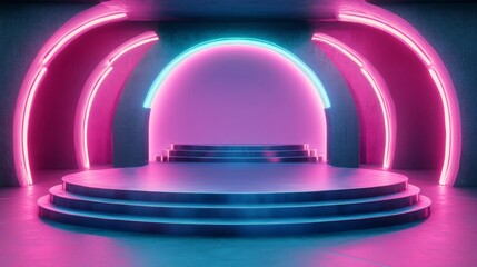 Obraz premium Abstract Neon-Lit Stage with Circular Arches and a Platform