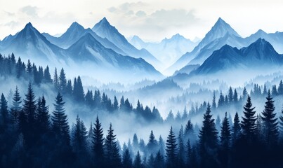 Fototapeta premium Artistically depicted misty mountain landscape with layered peaks and dense forest. Monochromatic color scheme with shades of blue and white