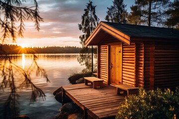 Obraz premium there is a small cabin sitting on a dock next to a lake