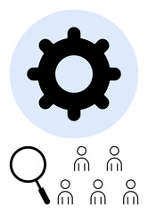 Fototapeta premium Gear magnifying glass, and people icons. Ideal for teamwork, management, human resources, recruitment, business organization strategy. Line metaphor