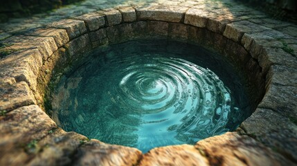 A serene stone well with clear water, creating ripples in a tranquil setting.