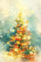 Fototapeta premium Softly blurred Christmas tree with warm golden lights, creating a cozy and festive holiday atmosphere