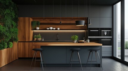 Modern kitchen interior with dark cabinets, wooden accents, and vertical garden wall, featuring an island with bar stools, pendant lights, and built-in appliances near large windows.