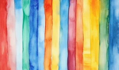 Abstract watercolor painting with vertical stripes of vibrant colors including blue, red, orange, yellow, and green