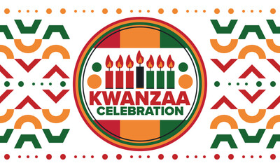 Kwanzaa Happy Celebration. African and African-American culture holiday. Seven days festival, celebrate annual from December 26 to January 1. Black history. Poster, card, banner and background. Vector