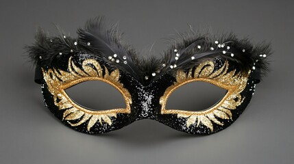 Fototapeta premium Elegant Venetian-style New Year's mask in black and gold, with delicate feather accents and sparkling sequins, isolated on a dark background