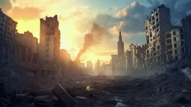 Ruined city background with destroyed skyscrapers. War damage and military operation. Battlefield aftermath. Crisis response and urban disaster. Town debris, ruins in fire. Apocalypse background