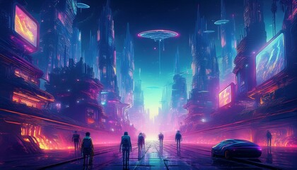 A futuristic cityscape at night with glowing neon signs, skyscrapers with holographic billboards, and flying vehicles. The scene has a clean, high-tech feel with advanced, sleek architecture. 
