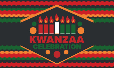 Kwanzaa Happy Celebration. African and African-American culture holiday. Seven days festival, celebrate annual from December 26 to January 1. Black history. Poster, card, banner and background. Vector
