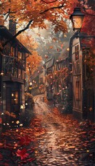 Fototapeta premium Picturesque Autumn Street with Rain-Washed Leaves Creating a Nostalgic Atmosphere