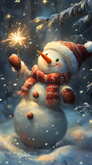 Obraz premium Happy Snowman Holding Sparkler in Winter Night 