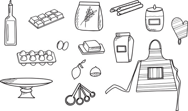 Collection illustrations p&acirc;tisserie cuisine tablier ingr&eacute;dients beurre chocolat sucre vecteur trait noir