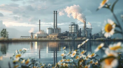 Obraz premium Industrial plant with smoke stacks and flowers reflecting in water at sunset.