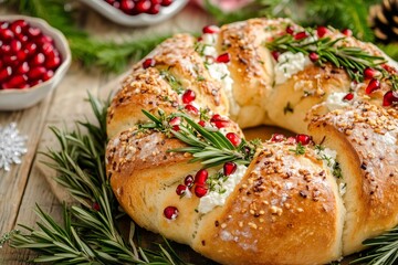  festive holiday bread wreath with herb seasoning, rosemary sprigs, pomegranate seeds, and a cheese dip in the center