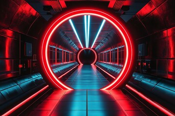 Modern platform with neon red rings, bold, sharp lighting, clean design