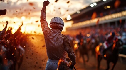 A jubilant jockey, arm raised in victory, celebrates amid a lively sunset-hued horse race atmosphere with crowds in the background cheering energetically.
