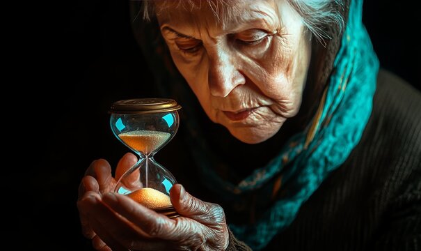 Old woman holding a hourglass. Concept of aging, fear of passing time, chronophobia, mental health in old age, depression in elderly