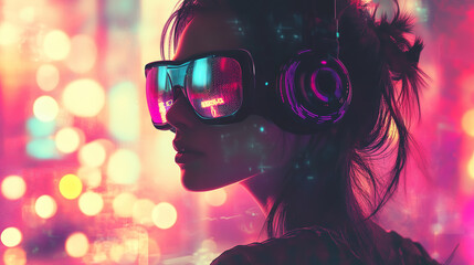 Woman face looking to the side with headphone and virtual reality googles along club music like colors