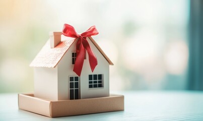 House as a gift. House architectural model in a gift box with a bow. Buying a new home, inherit real estate. Mortgage and home loan, moving in new apartment, celebration