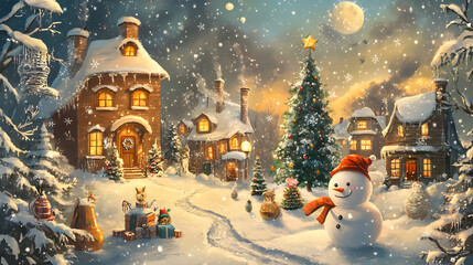 Cozy Snowy Village with Christmas Tree and Snowman
