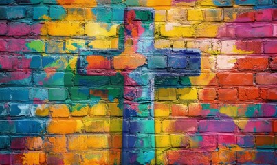 Pop-art style cross on a vibrant, colorful brick wall background with abstract shapes