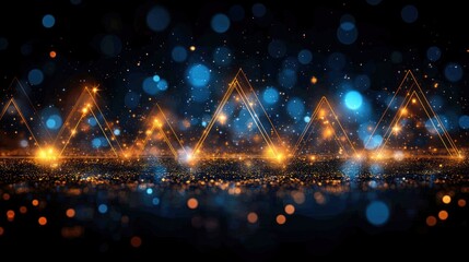 Obraz premium Abstract glowing triangles and bokeh lights on dark background.