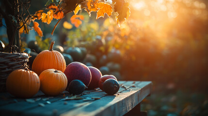 A cozy fall setting with pumpkins and apples on a wooden table, bathed in warm sunlight.