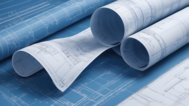Detailed blueprints with technical drawings and measurements in white lines on a blue background, ideal for engineering or construction themes