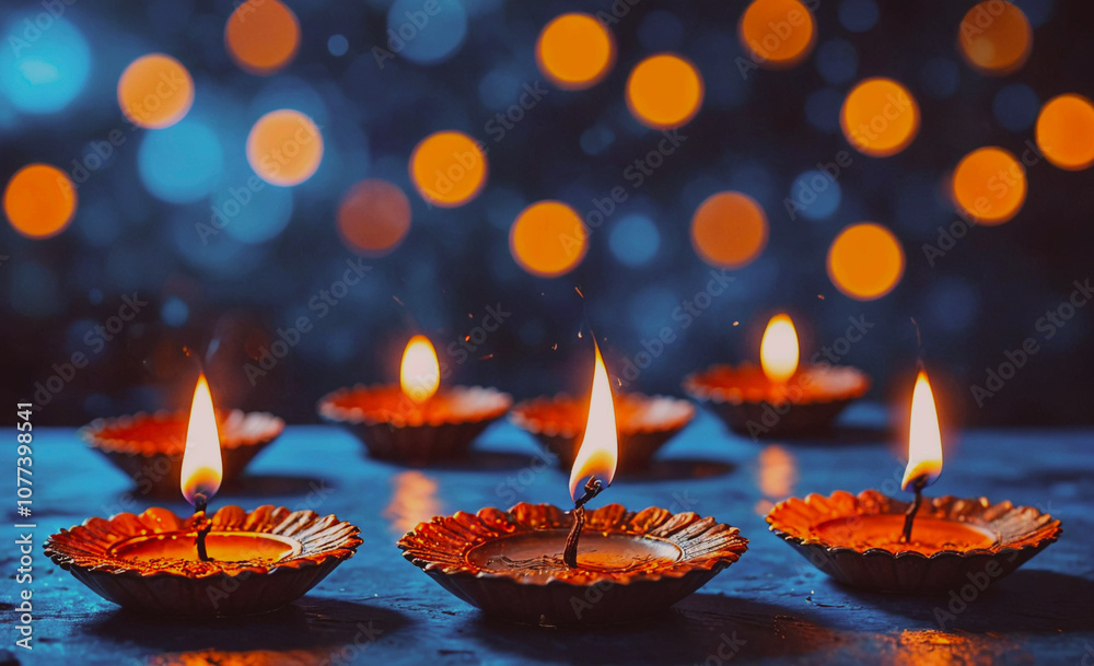 Poster row of candles are lit on a table
