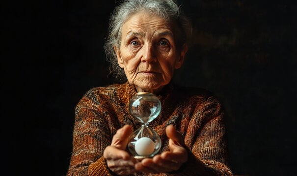 Old woman holding a hourglass. Concept of aging, fear of passing time, chronophobia, mental health in old age, depression in elderly