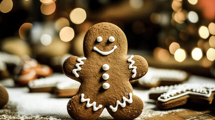 Obraz premium Christmas gingerbread cookies and gingerbread man with Christmas decorations on dark background with lights. Traditional Christmas baking.