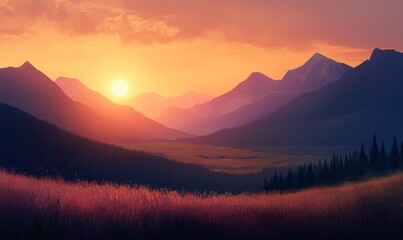 Obraz premium The sun is setting over the mountains, casting a warm glow over the landscape