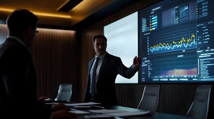 Businessman giving presentation to colleague in conference room, pointing at data on large screen.