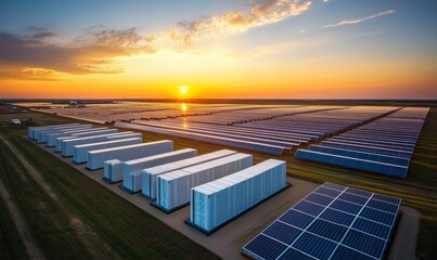 Solar energy storage units at a solar farm during sunset, with multiple rows of solar panels and large battery containers in an organized layout