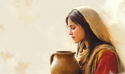 Portrait of a samaritan woman with a clay water jug. Christian illustration